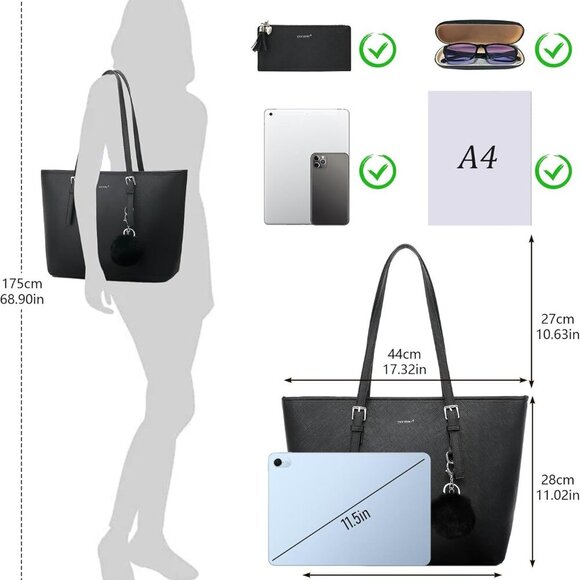 Women Tote Bag PU Leather Large Capacity Shoulder Purse for Work School Shopping - Picture 6 of 8